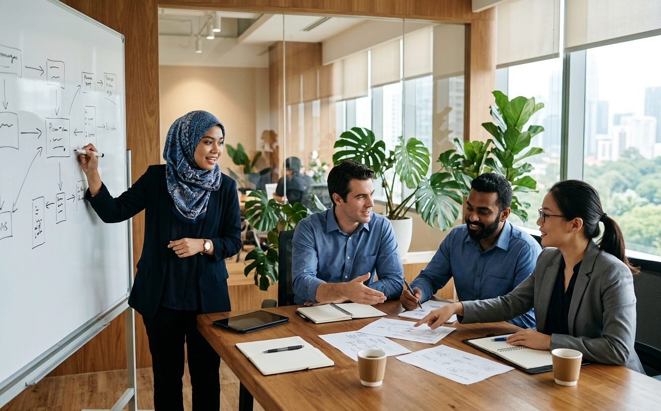 Business consultants reviewing operational plans in a Malaysian office