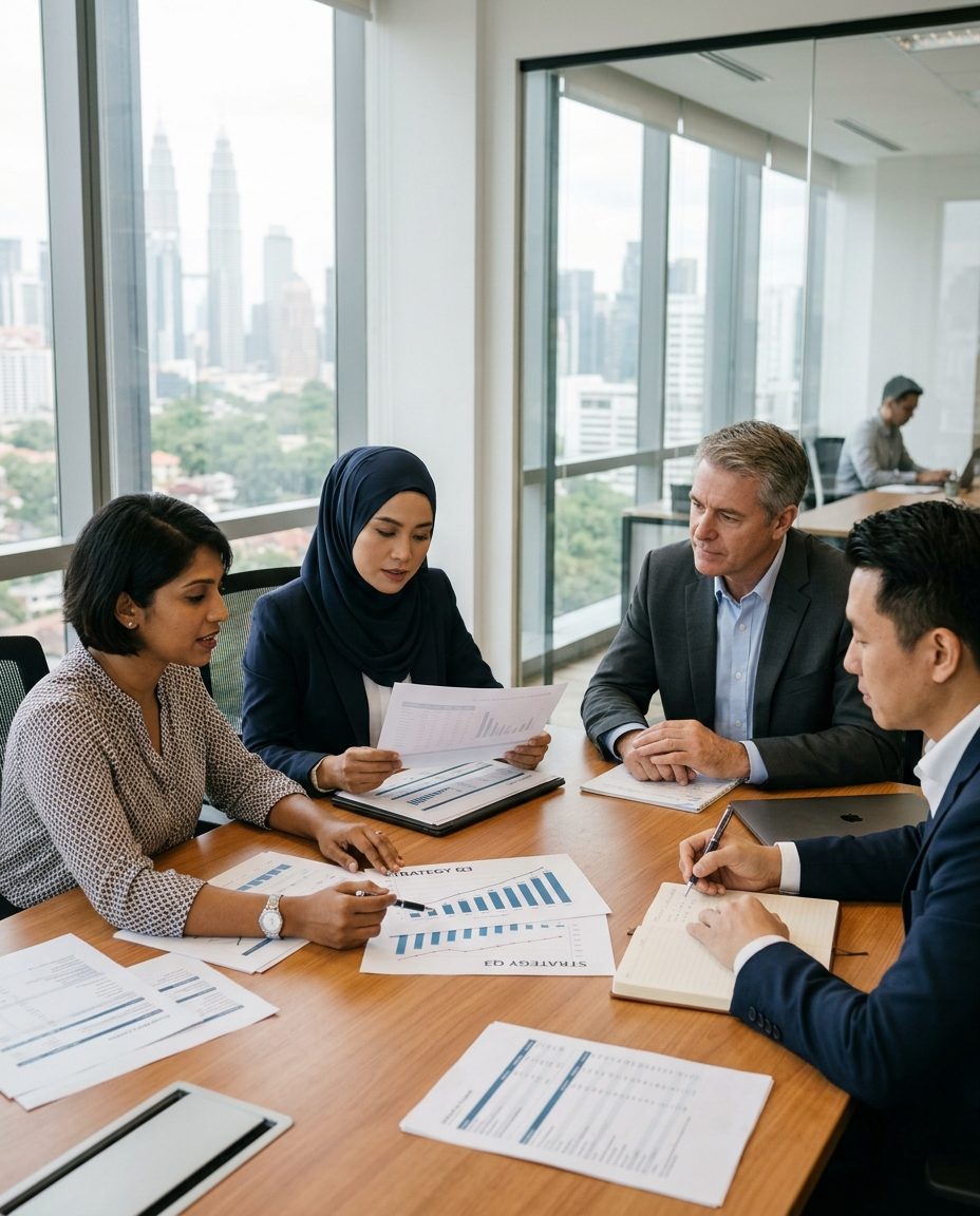 Business advisory meeting in a Malaysian corporate office